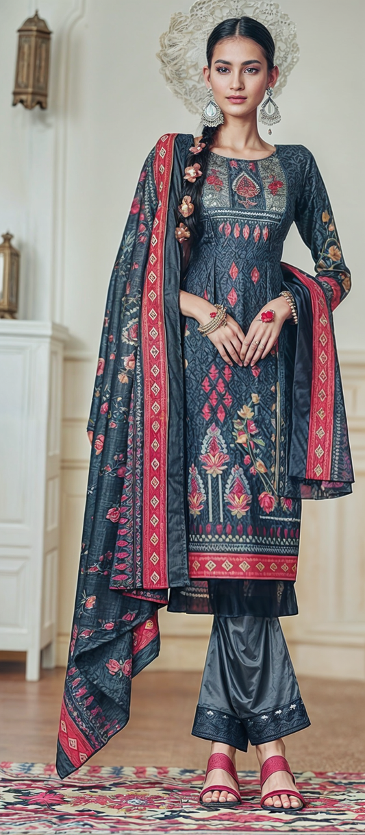 3 PIECE PRINTED LAWN SUIT- PRUSSIAN (UNSTITCHED)